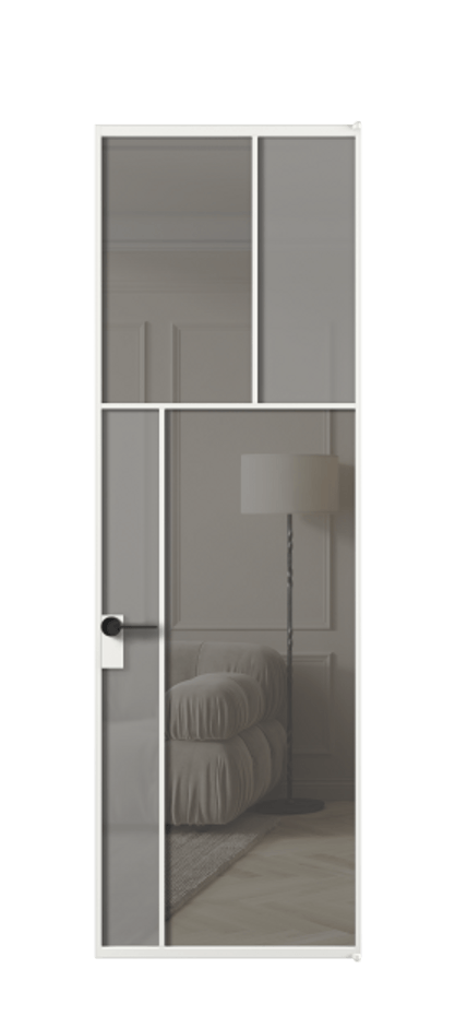 Межкомнатная дверь Мозаик АЛПЛ041.22 Алюминий белоснежный Сатинированное серое стекло, триплекс, 6 мм + Прозрачное серое стекло, триплекс Цена 165870 ₽ | Volhovec