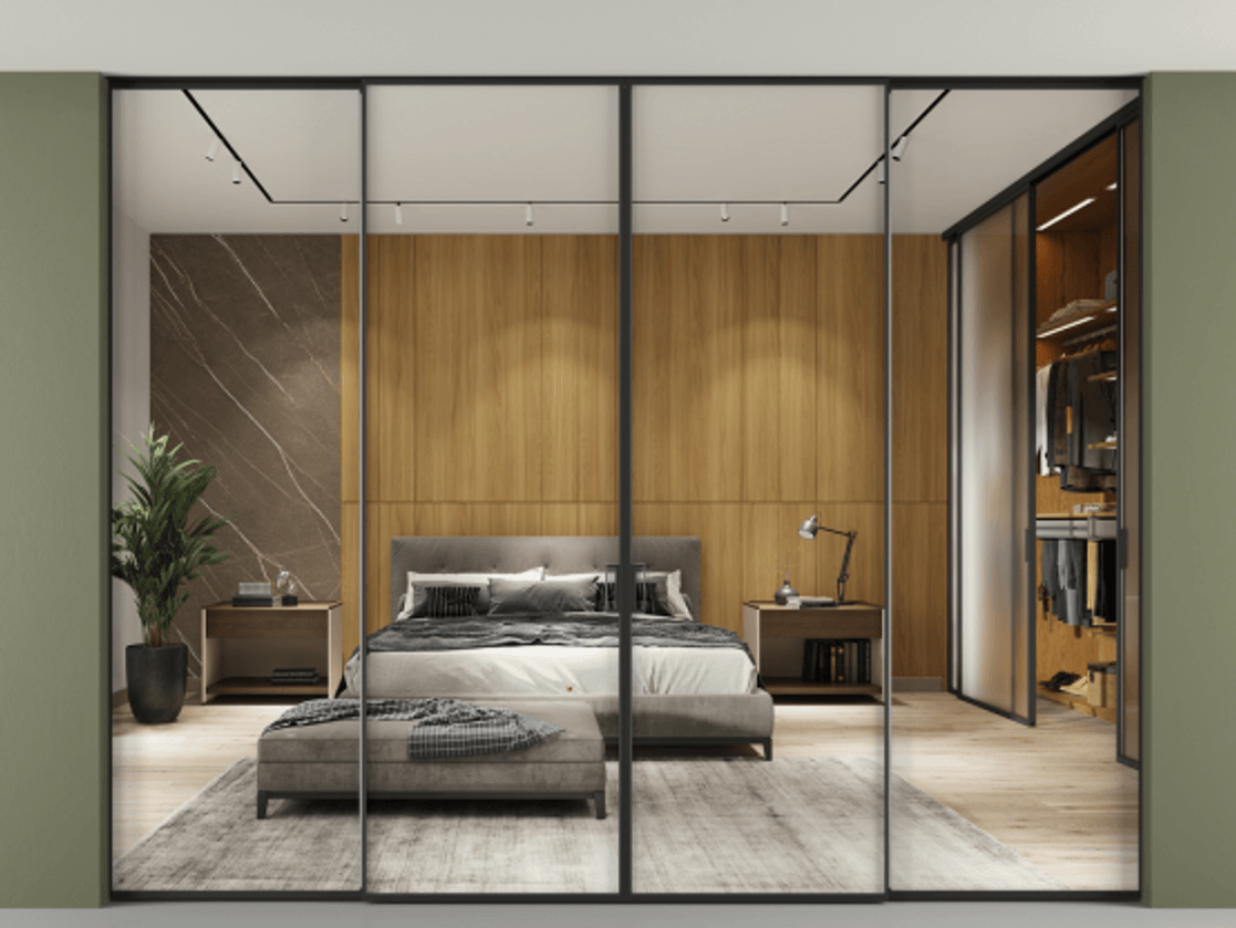 Перегородка Формато внутри проёма скрытое крепление в потолок 4 створки АЛПР 040.01 Алюминий Черный Двустороннее зеркало, триплекс , триплекс 6 мм Цена 484420 ₽ | Volhovec