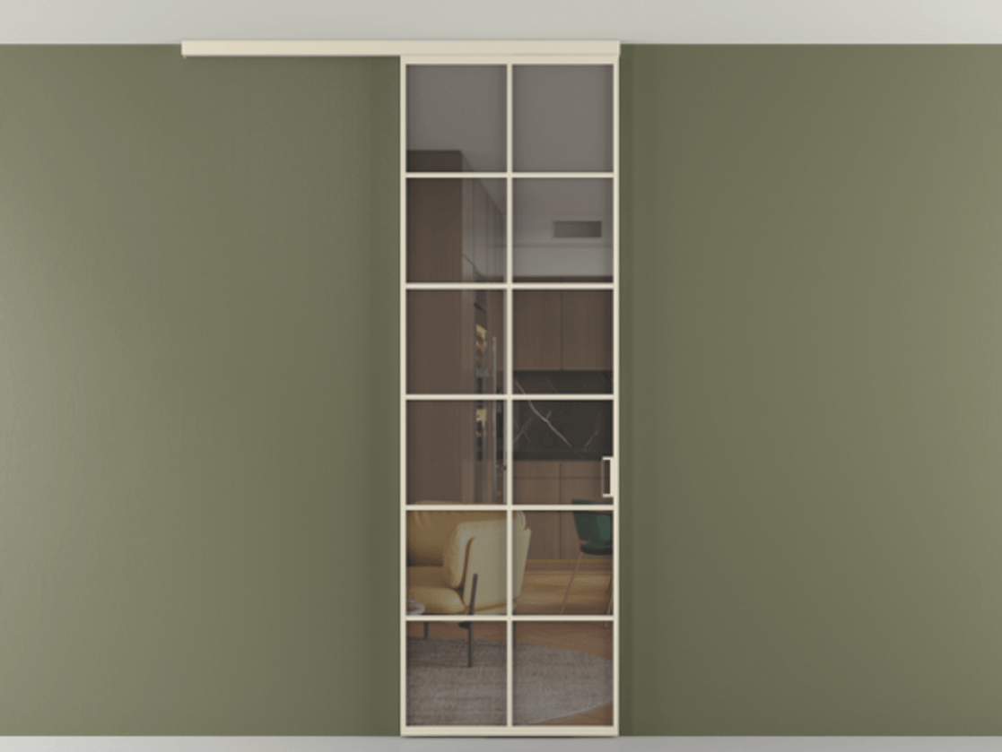 Перегородка Формато вдоль стены на потолок 1 створка АЛПР 040.05 Алюминий бежево-серый Прозрачное серое стекло, триплекс Цена 126090 ₽ | Volhovec