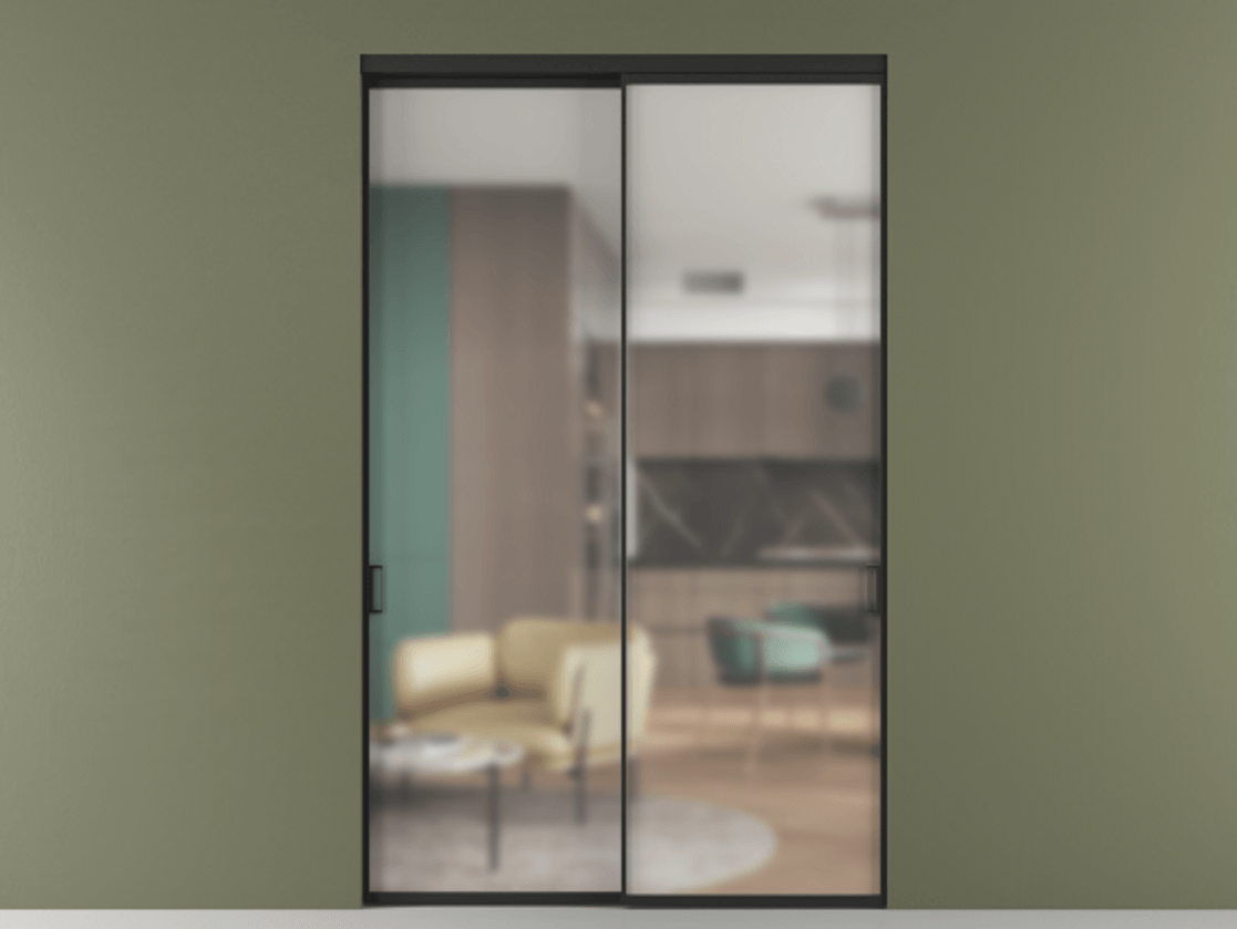 Перегородка Формато внутри проёма 2 створки АЛПР 040.01 Алюминий Черный Сатинированное стекло "Мателюкс Кристал Вижн", калёное, матовое, каленое 6 мм Цена 445800 ₽  | Volhovec