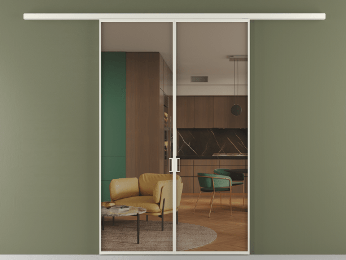 Перегородка Формато вдоль стены 2 створки АЛПР 040.01 Алюминий Белый Прозрачное бронзовое стекло, триплекс Цена 213300 ₽ | Volhovec