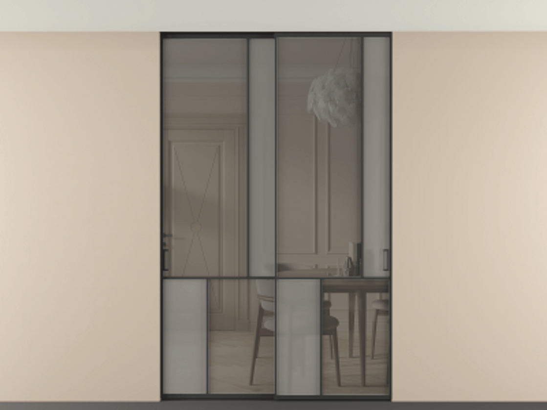 Перегородка Мозаик внутри проёма скрытое крепление в потолок 2 створки АЛПР 041.21 Алюминий Черный Сатинированное серое стекло, триплекс, 6 мм + Прозрачное серое стекло, триплекс Цена 315020 ₽ | Volhovec