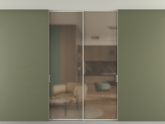 Алюминевая перегородка p2_01 Бронза сатин триплекс БЕЛ. Цвет Алюминий Белый. Материал Алюминий. Коллекция Перегородка Формато внутри проёма скрытое крепление в потолок 2 створки. Картинка.