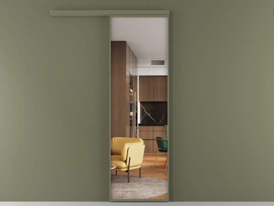 Алюминевая перегородка АЛПР 040.01_АОТ_Crystalvision_new. Цвет Алюминий оливковый тёмный. Материал Алюминий в эмали. Коллекция Перегородка Формато вдоль стены 1 створка. Картинка.